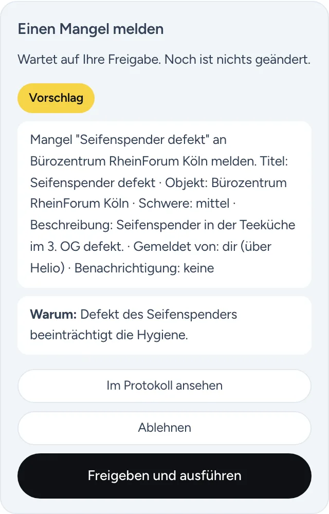 Helio am Handy: Vorschlag, einen Mangel zu melden, mit Objekt, Schwere und Freigabe-Knopf