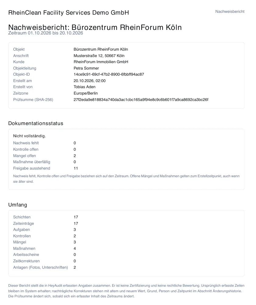 Erste Seite eines Nachweisberichts als PDF mit Zeitraum, Einsätzen und Dokumentationsstand