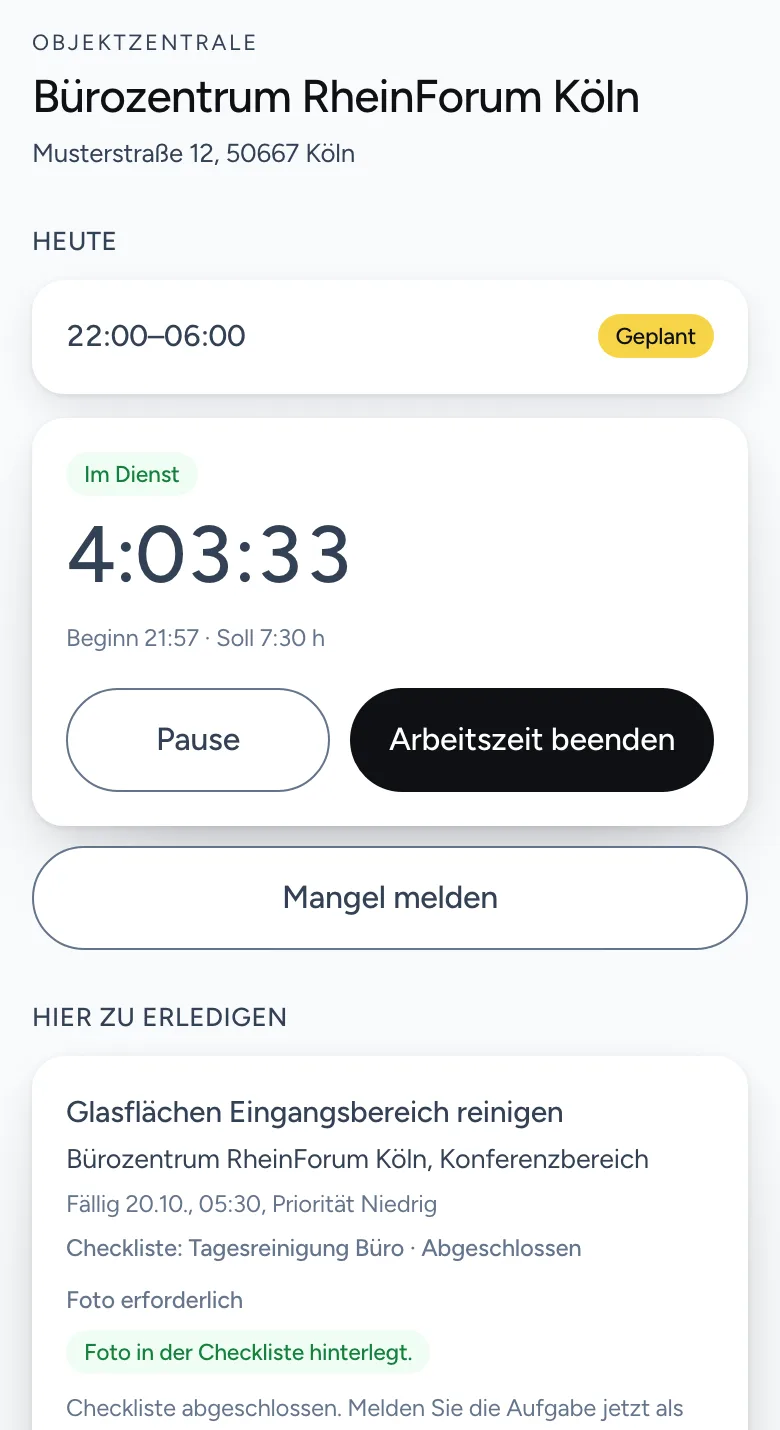 Objektzentrale am Handy nach dem Scan: geplante Schicht, Arbeitszeit starten, Aufgaben und Mangel melden